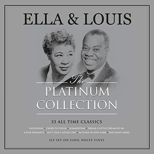 Black and white portrait of Ella Fitzgerald and Louis Armstrong on a grey background.