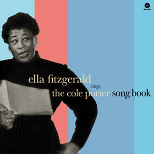 Ella Fitzgerald portrait on album cover with text and color blocks.