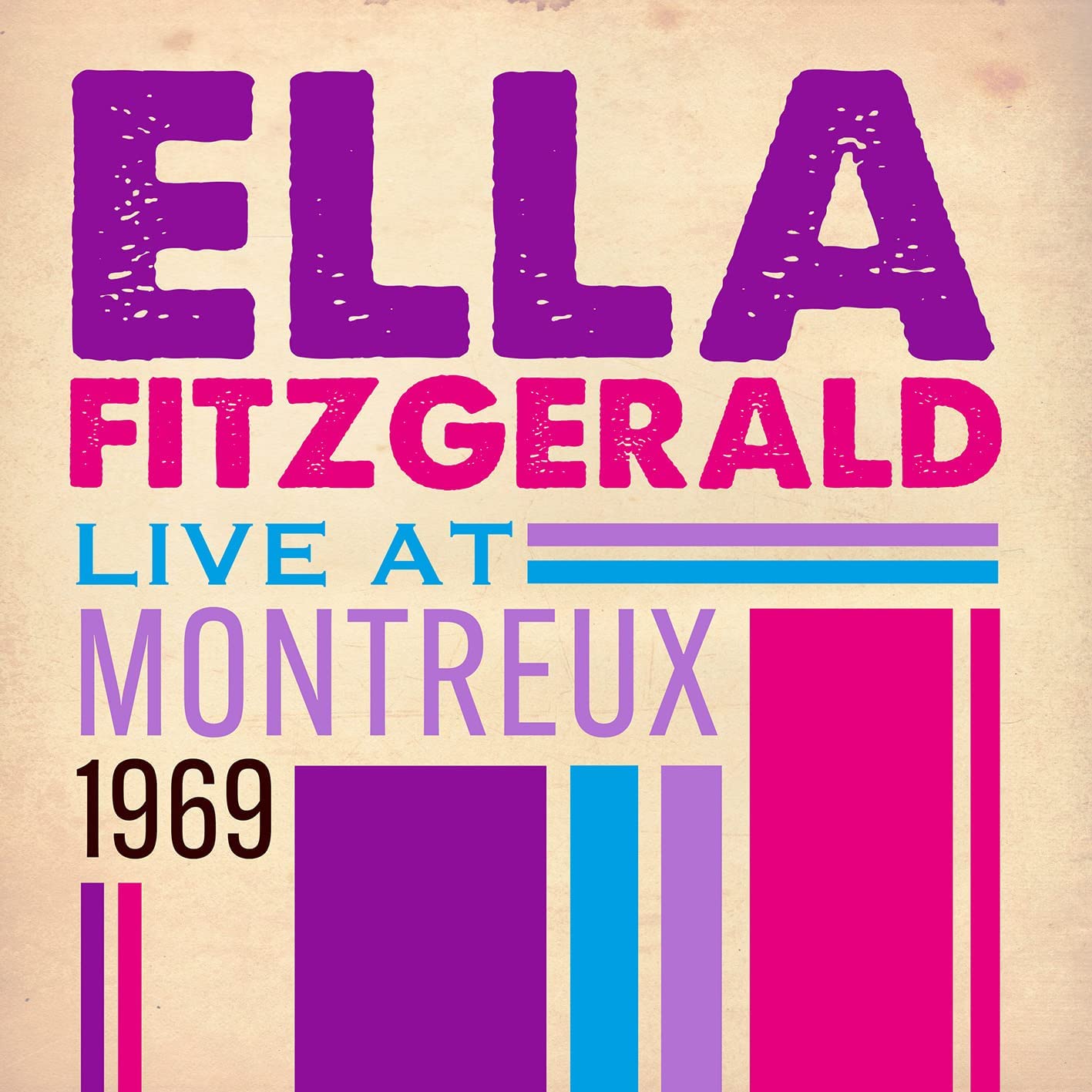 "Ella Fitzgerald Live at Montreux 1969" CD cover with colorful text and abstract design.