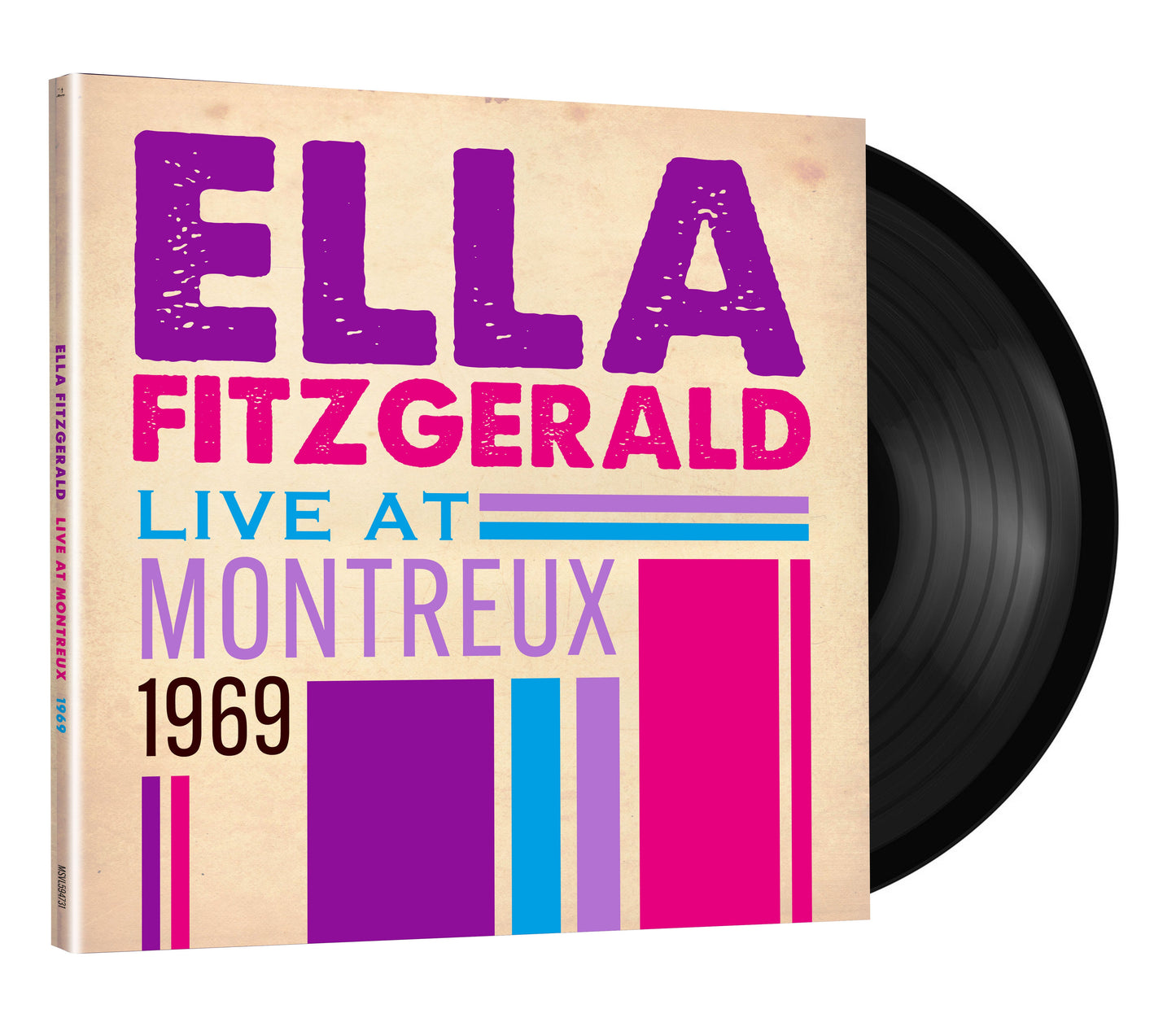 Ella Fitzgerald album cover with vinyl record, colorful geometric design.