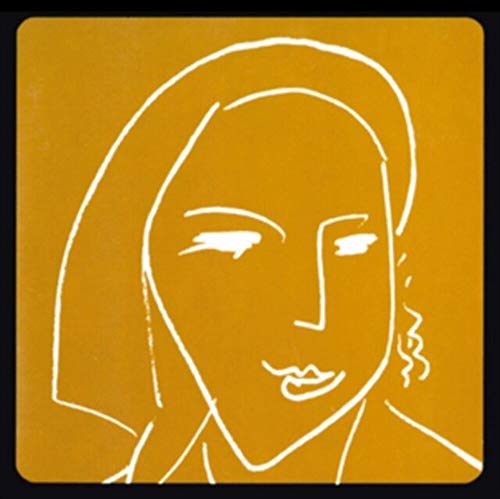 White line drawing of a woman's face on a solid mustard yellow background.