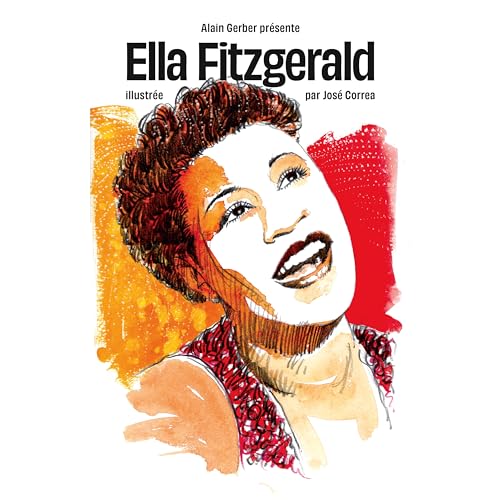 Watercolor portrait of Ella Fitzgerald, smiling, with vibrant orange and red accents.