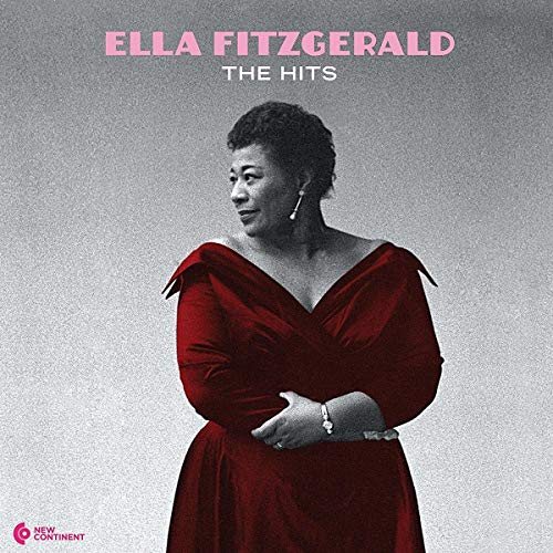 Ella Fitzgerald in a red dress on a grey background, album cover art.