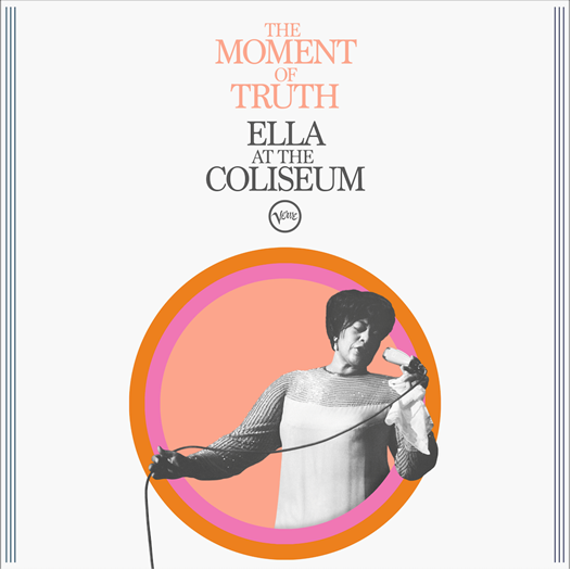 Ella Fitzgerald album cover, portrait in pink and orange circle.