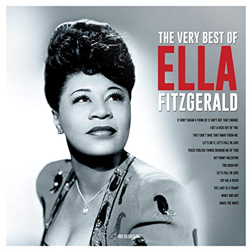 Black and white portrait of Ella Fitzgerald on a vinyl album cover with tracklist.