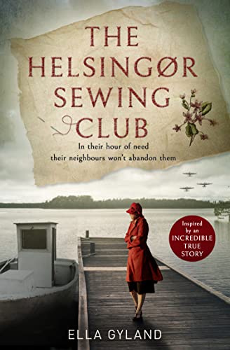 Book cover: woman in red on a pier, wartime planes in sky.