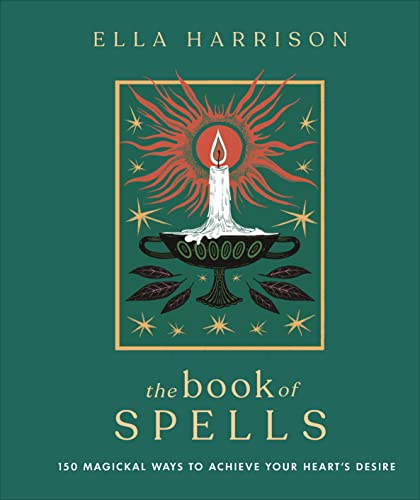 Green book cover with a candle, cauldron, and sun illustration; title "The Book of Spells".