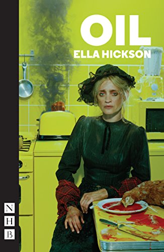 Yellow cover with a woman in black, a kitchen, and a chicken.