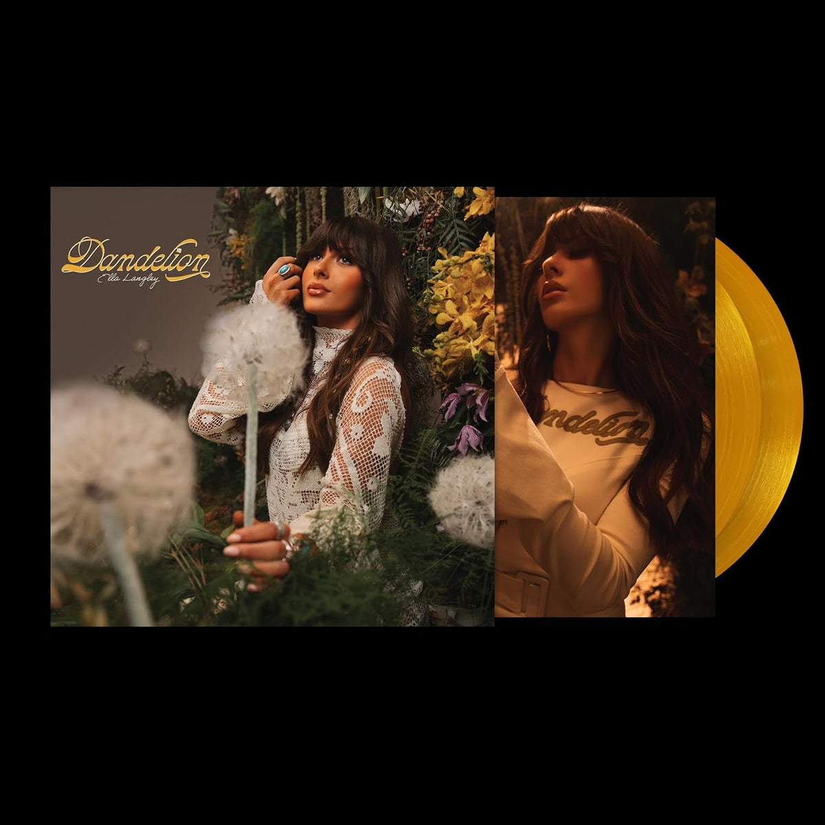 Ella Langley’s “Dandelion” vinyl record with artist portrait and yellow discs.