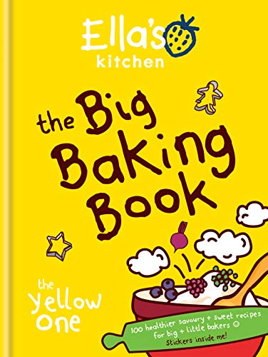 Yellow cookbook cover with illustrated lettering and fruits, titled "Ella's Kitchen: The Big Baking Book".