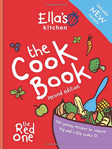Red cookbook cover with hand-drawn fruits, vegetables, and playful lettering.