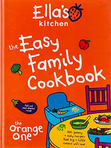 Orange cookbook cover with illustrated fruits, vegetables, and a child’s highchair.
