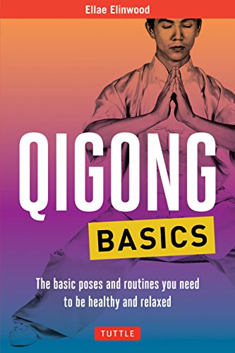 Book cover: "Qigong Basics" with a person meditating in a pink uniform.