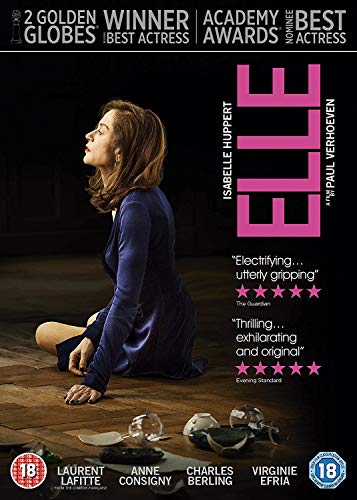 DVD cover for “Elle” featuring Isabelle Huppert in a blue dress.