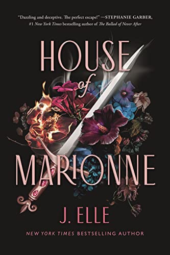 Book cover with title “House of Marionne”, sword, flowers, and dark background.