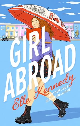 Book cover: woman with red umbrella reading, colorful illustrated buildings.