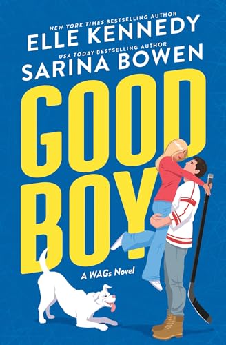 Book cover: couple embracing, with a white dog, bold yellow title "Good Boy".