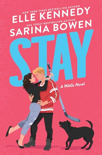Book cover: couple embracing, dog, and hockey stick on red background.