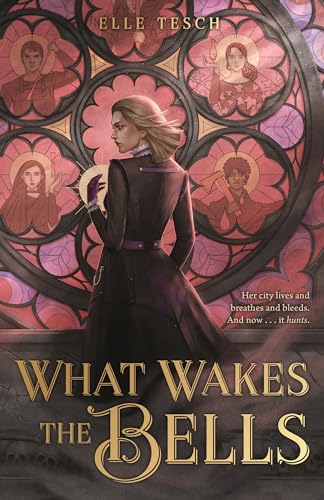 Book cover: woman in dark coat before stained-glass window portraits.