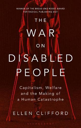 Book cover showing a person using crutches against a dark red background.