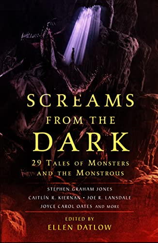 Book cover featuring a person standing before a giant monster in a dark cave.