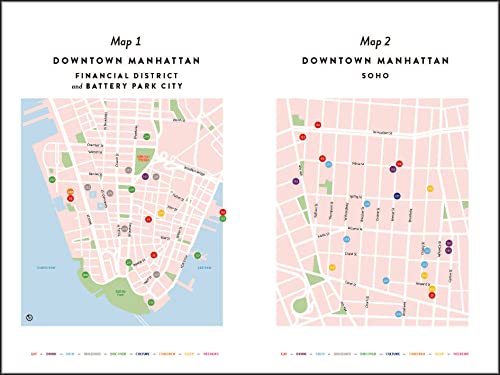 Two illustrated maps of Downtown Manhattan with marked locations.
