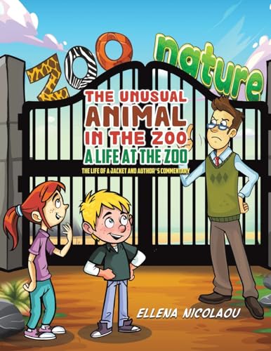 Book cover: illustrated zoo entrance with children and author portrait.