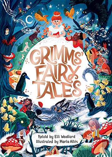 Book cover illustration featuring a girl, a wolf, and various fairy tale characters.