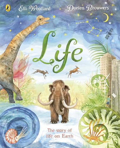 Watercolor illustration of a mammoth, dinosaur, and various animals on a starry blue background.
