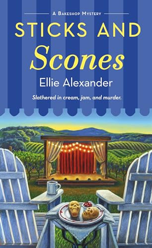 Book cover: “Sticks and Scones” with scones, a gazebo, and chairs.
