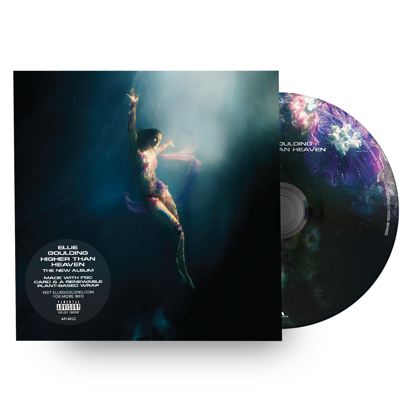 "CD case and disc for Ellie Goulding's 'Higher Than Heaven' album, featuring underwater imagery."