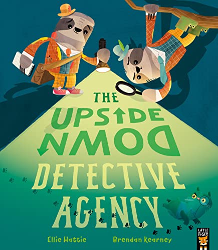 Book cover featuring two upside-down animal detectives with a flashlight.