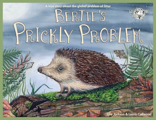 A hedgehog stands on a mossy log in this children's book cover illustration.