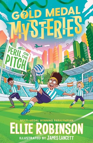 Book cover illustration showing three children playing soccer in a stadium with city skyline.