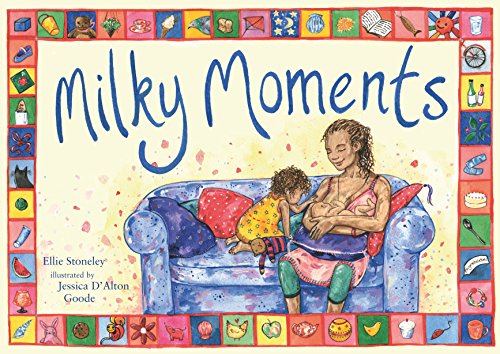 Book cover: mother breastfeeding child on a blue sofa, colorful border.