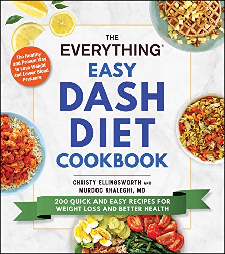 Cookbook cover featuring healthy food images and the title "The Everything Easy DASH Diet Cookbook.