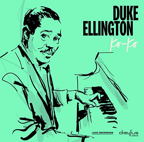 Black and white sketch of Duke Ellington playing piano, album cover.