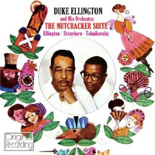 Album cover for Duke Ellington’s “Nutcracker Suite” featuring portraits and illustrations.