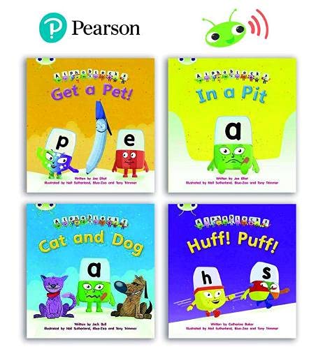 Four Bug Club Phonics Alphablocks books with colorful covers featuring character illustrations and titles.