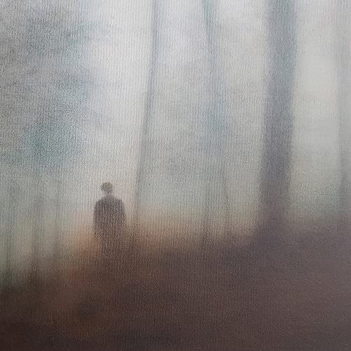 Blurred image of a lone figure standing in a misty forest.