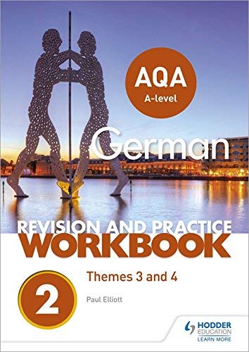 A-level German revision workbook cover with sculpture and city background.