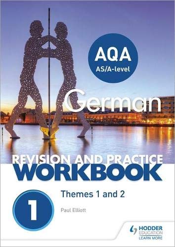AQA A-level German revision workbook cover with sculpture and city background.