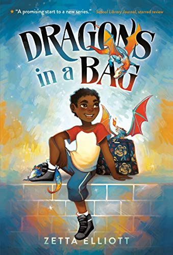 Book cover featuring a boy with small dragons emerging from a decorated bag.