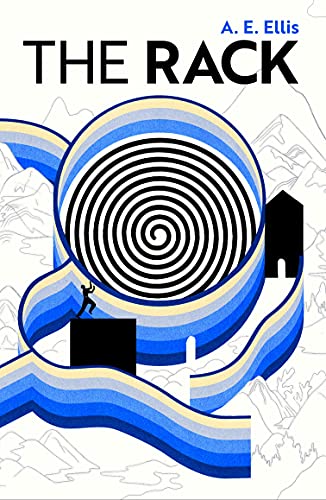 Book cover: "The Rack" with a spiral and figure on blue ribbon.