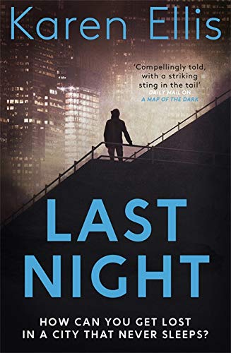 Book cover: a lone figure on stairs, city skyline in background.