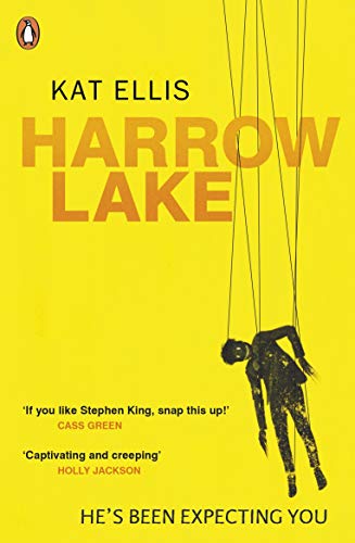 Yellow book cover with large text "Harrow Lake" and a puppet-like figure.