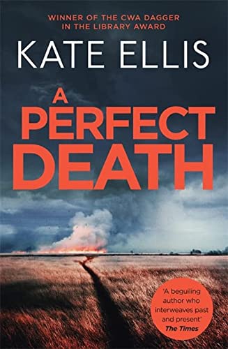 Book cover: "A Perfect Death" by Kate Ellis, with a fiery landscape.