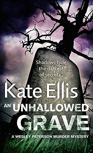Book cover: gravestone silhouetted against a stormy purple and gray sky.