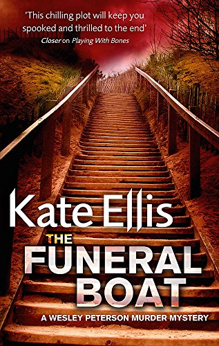 Book cover: stairs leading to a dark, distant figure, title "The Funeral Boat".