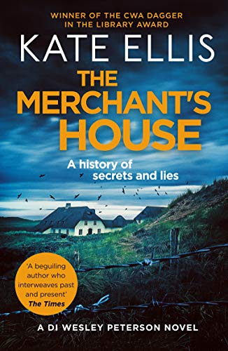 Book cover for The Merchant's House by Kate Ellis featuring a house at dusk.